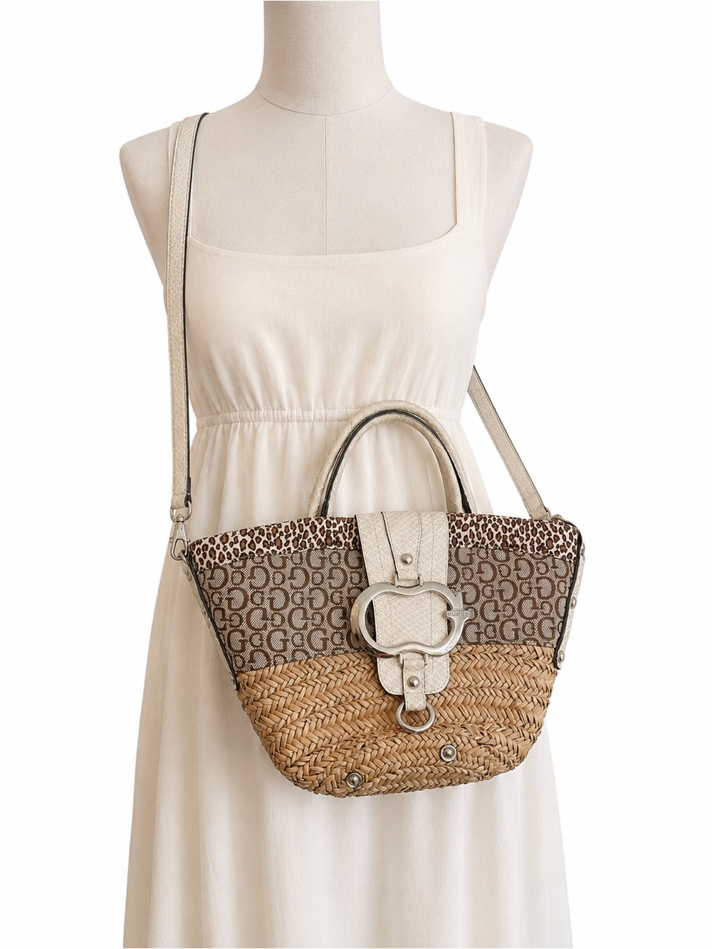 Guess Vintage Beige Logo & Straw Tote with Cream Leather Trim